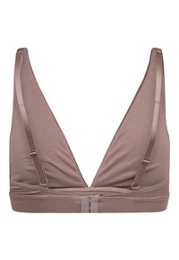Brun, blød stof bralette med dyb V-udskæring, justerbare stropper og en smal kant. Simpelt design, ingen polstring eller bøjler.
