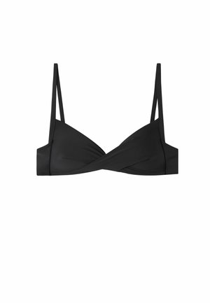 Soutien-gorge de bikini noir avec un design enroulé, des bretelles fines et réglables, et une texture lisse. Convient pour une utilisation en maillot de bain.