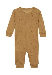 Un grenouillère à manches longues de couleur tan, fabriquée dans un matériau doux avec de petits motifs de feuilles brunes sur l'ensemble. Elle présente des poignets ajustés et un col rond.