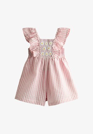 Rosa-weiß gestreifter Baby-Strampler mit Rüschenträgern und bestickten weißen Gänseblümchen auf dem vorderen Raffungspanel.