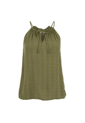 Alyvuogių žalios spalvos megztinis be rankovių, plonais dirželiais, surinktu kaklo iškirpte, angos formos iškirpte ir priekyje surišama detalė.