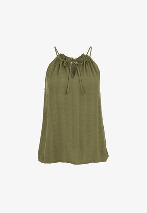 Alyvuogių žalios spalvos megztinis be rankovių, plonais dirželiais, surinktu kaklo iškirpte, angos formos iškirpte ir priekyje surišama detalė.