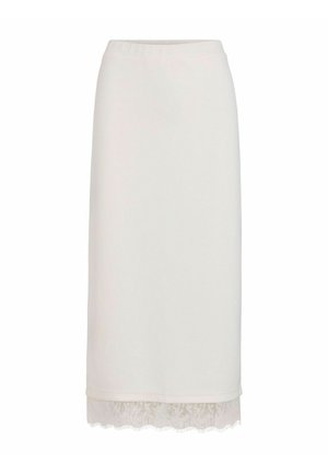 Fustă albă midi conică, cu talie elastică și dantelă la tiv, prezentată pe un fundal alb.
