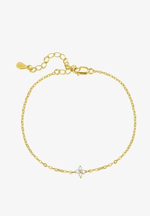 Bracelet en chaîne plaqué or présentant un design en forme d'étoile avec quatre pierres claires au centre. Fermoir mousqueton et longueur ajustable.