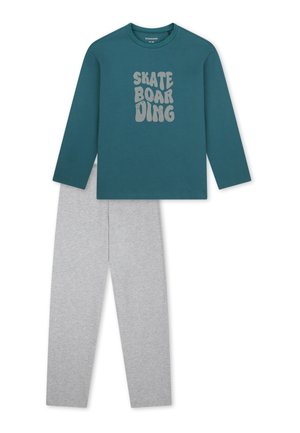 Langärmliges Teal-Shirt mit "SKATEBOARDING" Text und hellgrauer Hose flach auf weißem Hintergrund liegend.