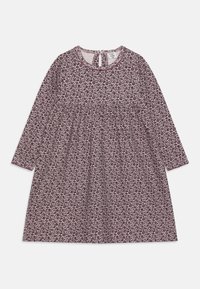 Langärmliges Kleid im burgunderfarbenen Blumenmuster, aus weichem Stoff gefertigt. Hat einen runden Halsausschnitt und eine geraffte Taille für einen lockeren Schnitt.