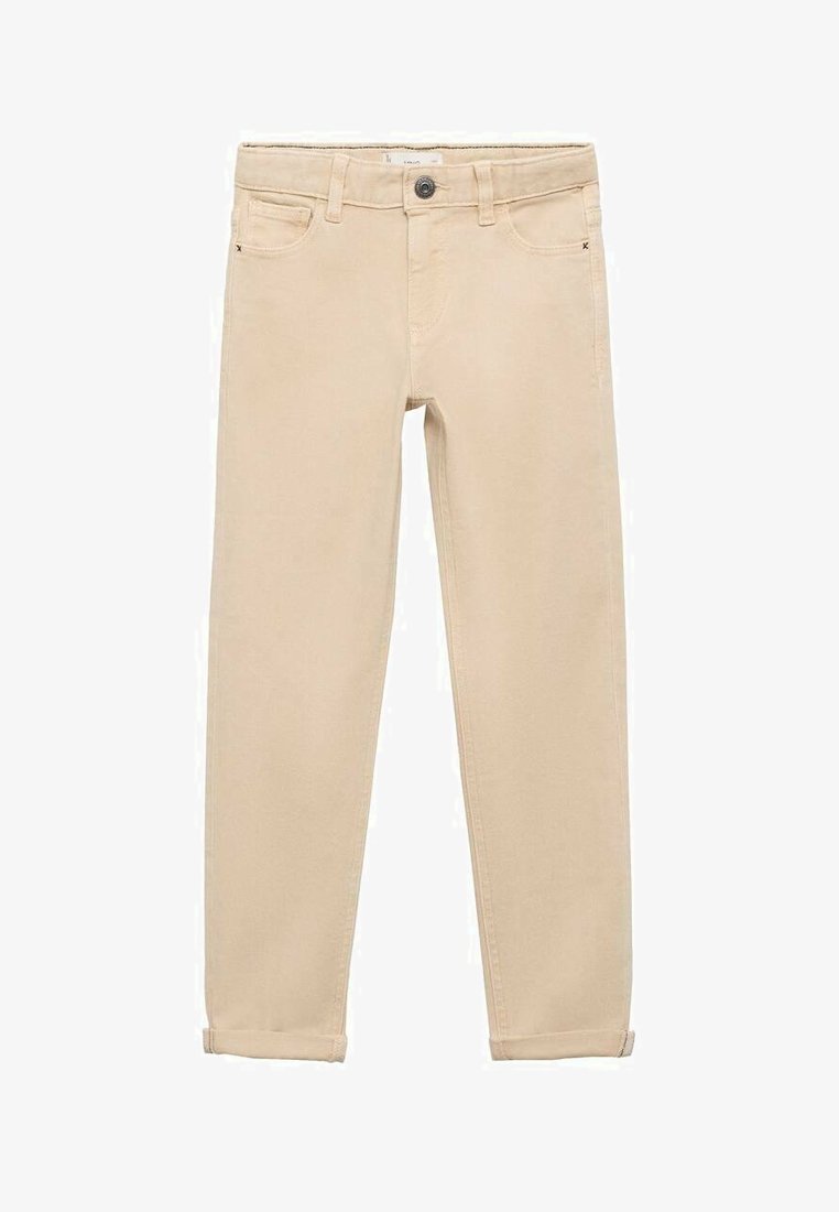 Bež hlače slim fit iz bombaža s petimi žepi, z zapiranjem na gumb spredaj in rahlim zvijanjem ob koncu.
