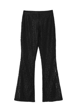 Schwarze, ausgestellte Hose aus Spitze mit floralem Muster, ausgestattet mit einem glatten Bund und einer leichtgewichtigen Textur. Ideal zum Übereinandertragen oder für stilvolle Anlässe.