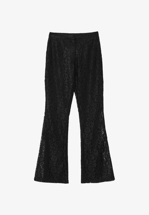 Pantalons évasés en dentelle noire avec un motif floral, dotés d'une taille lisse et d'une texture légère. Idéaux pour le superposition ou les occasions élégantes.