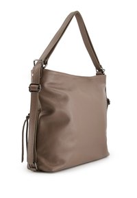 Brown leather handbag with a textured surface, a wide body, a single strap, and silver-tone hardware accents. Side zipper detail.