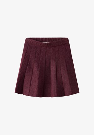 Gonna plissettata bordeaux in tessuto testurizzato con vita a coste, caratterizzata da sei pieghe verticali per una silhouette svasata.