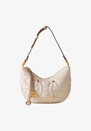 Crème-kleurige geblokte handtas met een gestructureerde vorm, gouden hardware accenten, een bruine schouderband en subtiele geperste patroon details.