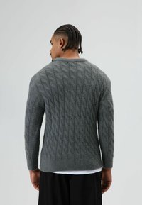 Grijze kabelgebreide trui met een gestructureerde afwerking, voorzien van een ronde hals en lange mouwen, gedragen over een wit overhemd. Achteraanzicht.