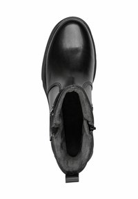 Stivale alla caviglia in pelle nera con un design elegante, punta arrotondata e una morbida fodera grigia. Presenta una zip laterale e un tassello di presa sul tallone.