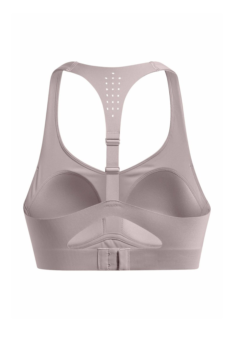 Hellrosa Sport-BH mit glatter Textur, Racerback-Design, verstellbarem Haken- und Ösenverschluss und durchbrochener Detailgestaltung für Atmungsaktivität.