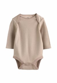 Långärmad bodysuit i ljusbeige med tunna horisontella ränder. Har en rundad halsringning och tryckknappar längst ner. Mjuk textur.