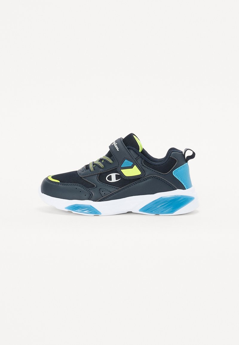 Sneakers blu navy con pannelli in rete, dettagli verde lime e blu, e una suola bianca. Presentano una fascia in velcro e una suola in gomma texturizzata.