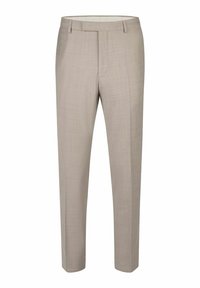 Hellbeige maßgeschneiderte Hosen mit glatter Textur, geradem Bein, vorderen Taschen und flacher Vorderseite.