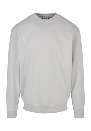 Light gray sweatshirt with a crew neckline, long sleeves, and ribbed cuffs. Made from soft fabric; smooth texture, no patterns or accents.