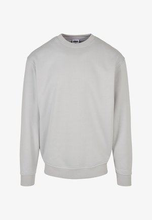 Lichtgrijze sweatshirt met een ronde hals, lange mouwen en ribbelboorden. Gemaakt van zachte stof; gladde textuur, geen patronen of accenten.