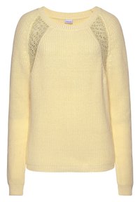 Żółty sweter dziany z długimi rękawami, z koronkowymi panelami na ramionach oraz prążkowanym dekoltem i mankietami. Teksturowana tkanina.