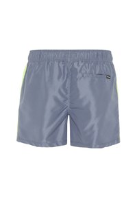 Gray swim shorts with a smooth, shiny texture, featuring neon green side stripes and a small back pocket with a zip closure.