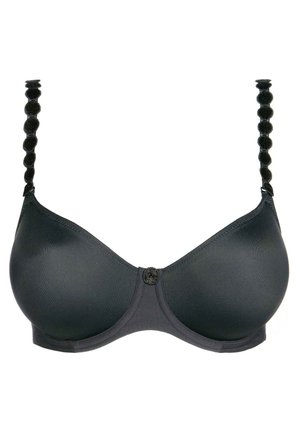 Black bra with smooth fabric, underwire support, and decorative textured straps. Center front features a small round detail.