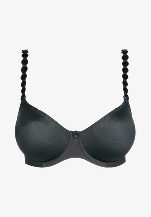 Schwarzer BH aus glattem Stoff, mit Stützbügeln und dekorativen strukturierten Trägern. In der Mitte vorne befindet sich ein kleines rundes Detail.