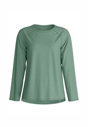 Chemise verte à manches longues, col rond, manches raglan, tissu lisse et ourlet légèrement arrondi.