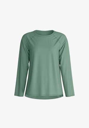 Chemise verte à manches longues, col rond, manches raglan, tissu lisse et ourlet légèrement arrondi.