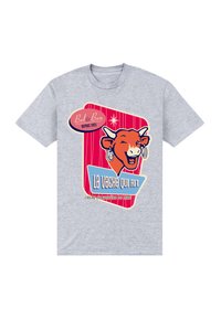 Grå bomulds-t-shirt med et grafisk motiv af en smilende ko med øreringe. Teksten inkluderer "La vache qui rit" og "Bel & Bon siden 1921," i livlige farver.