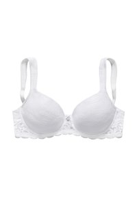 White underwire bra with lace overlay, smooth cups, adjustable straps, and a decorative button detail at the center front.