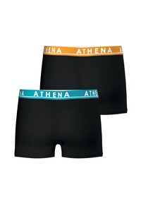 Shorts de boxe noirs en pack de deux avec ceintures élastiques orange et teal arborant le logo "ATHENA". Tissu lisse et design ajusté.
