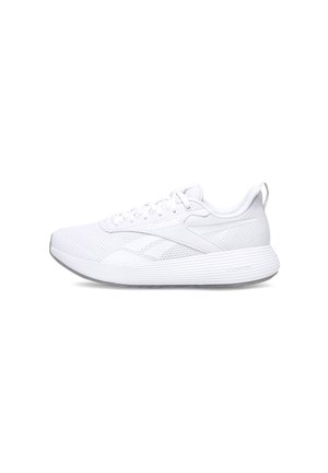 Białe buty sportowe z siateczkową cholewką, sznurowaniem, teksturowaną podeszwą oraz logo Reebok po boku. Wyposażone w wyściełany kołnierz i język.