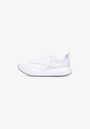 Bílé sportovní boty s textilním svrškem z síťoviny, zavazováním na tkaničky, texturovanou podrážkou a logem Reebok na boku. Mají polstrovaný límec a jazyk.