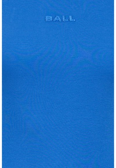 Blue ribbed fabric tank top featuring a small, embroidered "BALL." logo at the center. Smooth texture with a fitted shape.