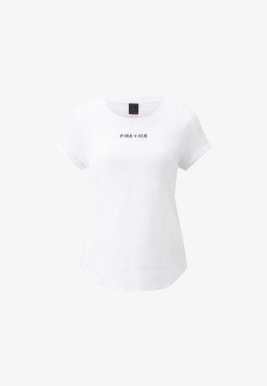 Weisses Baumwoll-T-Shirt mit Rundhalsausschnitt und kurzen Ärmeln, das den Text "FIRE + ICE" in Schwarz auf der Brust zeigt. Glatte Textur.