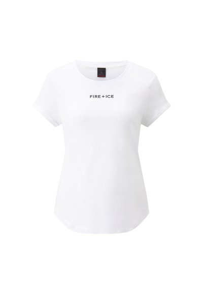 Hvid bomulds t-shirt med rund hals og korte ærmer, med teksten "FIRE + ICE" i sort på tværs af brystet. Glat tekstur.