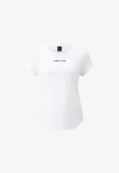 White cotton t-shirt with a round neck and short sleeves, featuring the text "FIRE + ICE" in black across the chest. Smooth texture.