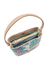 Piccola borsa a tracolla con stampa floreale pastello, tracolla in pelle beige e cerniera color oro. Interno foderato con tasca con cerniera. Forma strutturata.