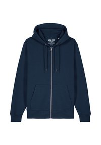 Felpa con zip blu navy, dotata di cappuccio foderato, lacci, tasche frontali e polsini e orlo a costine. Realizzata in tessuto morbido e confortevole.