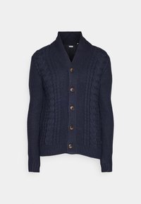 Tmavě modrý pletený kardigan s šálovým límcem, texturovanými vzory a pěti hnědými knoflíky vpředu, s žebrovanými manžetami a lemem.