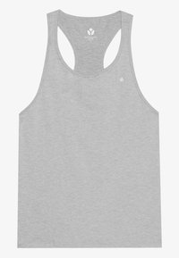 Lys grå tanktop laget av myk bomullsblanding, med racerback-design, og en liten logo detalj nær utringningen.