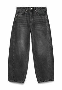Jeans wide-leg in denim nero con vita alta, cinque tasche e chiusura con bottone. Presentano una leggera scoloritura e dettagli di cuciture a contrasto.