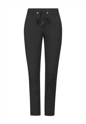 Pantalon de jogging noir en tissu lisse, avec un waist à cordon de serrage, des poches inclinées, des jambes fuselées et de subtils détails de couture.