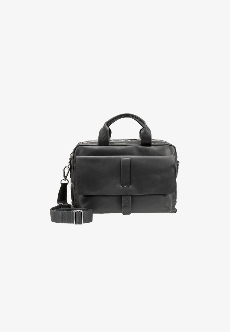 Black leather briefcase with dual handles, top zipper, front flap pocket, adjustable strap, and smooth texture. Features logo detail.