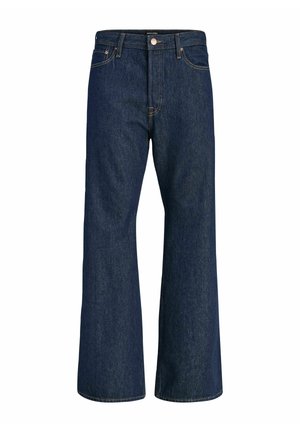 Dark blue high-waist denim jeans with wide legs, button and zip front, belt loops, and front and back pockets.