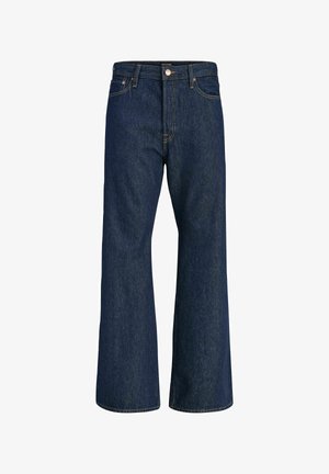 Dark blue high-waist denim jeans with wide legs, button and zip front, belt loops, and front and back pockets.
