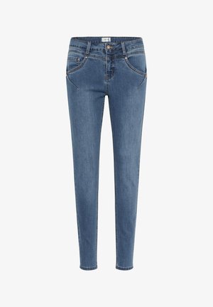Jeans skinny en denim bleu avec cinq poches, une fermeture à bouton et des détails de couture subtils le long des coutures et des poches.