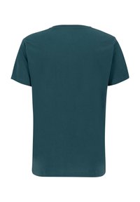 Teal bomulds T-shirt, kortærmet, rund hals, ensfarvet, set bagfra, uden synlige mønstre eller hardwaredetaljer.